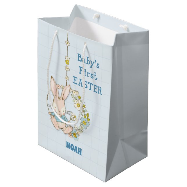 Boy First Easter Bunny on Flower Swing Medium Gift Bag (Front Angled)