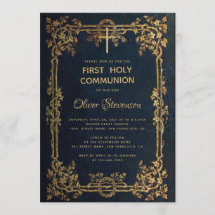 Boy First Holy Communion Blue Gold Leaves Vintage Invitation
