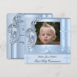 Boy First Holy Communion Blue Photo Confirmation 2 Invitation