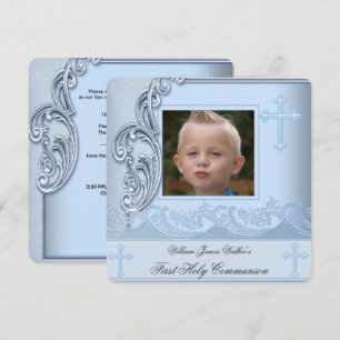 Boy First Holy Communion Blue Photo Confirmation 3 Invitation