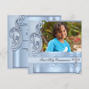 Boy First Holy Communion Blue Photo Confirmation Invitation