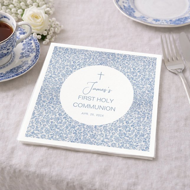 Boy First Holy Communion Blue White Floral Pattern Napkin (Creator Uploaded)
