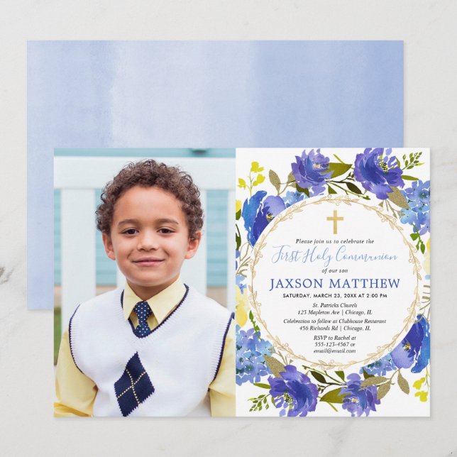 Boy First Holy Communion blue yellow floral Invitation (Front/Back)