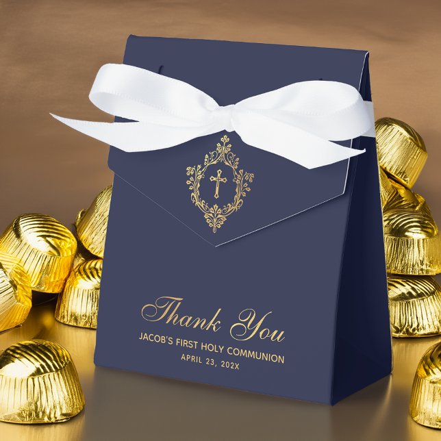 Boy First Holy Communion Navy Blue Faux Gold Crest Favor Box (Creator Uploaded)