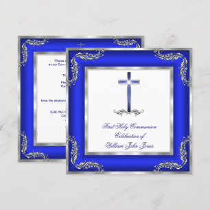 Boy First Holy Communion Royal Blue Silver White Invitation