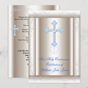 Boy First Holy Communion Sepia Blue Invitation