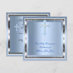 Boy First Holy Communion Silver Blue 2 Invitation