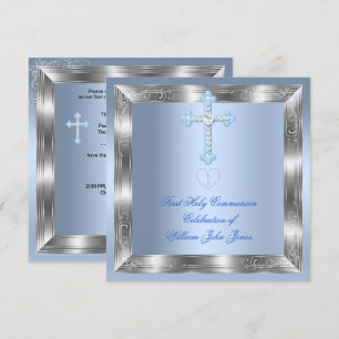 Boy First Holy Communion Silver Blue 2a Invitation