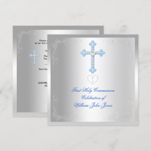 Boy First Holy Communion Silver Blue Invitation