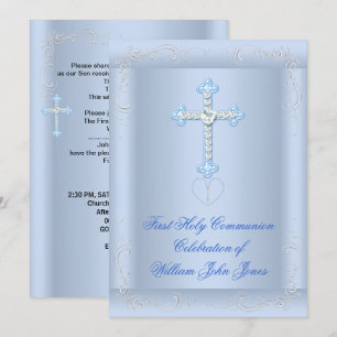 Boy First Holy Communion Silver Blue Invitation