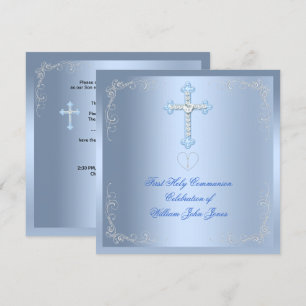 Boy First Holy Communion Silver Blue Invitation