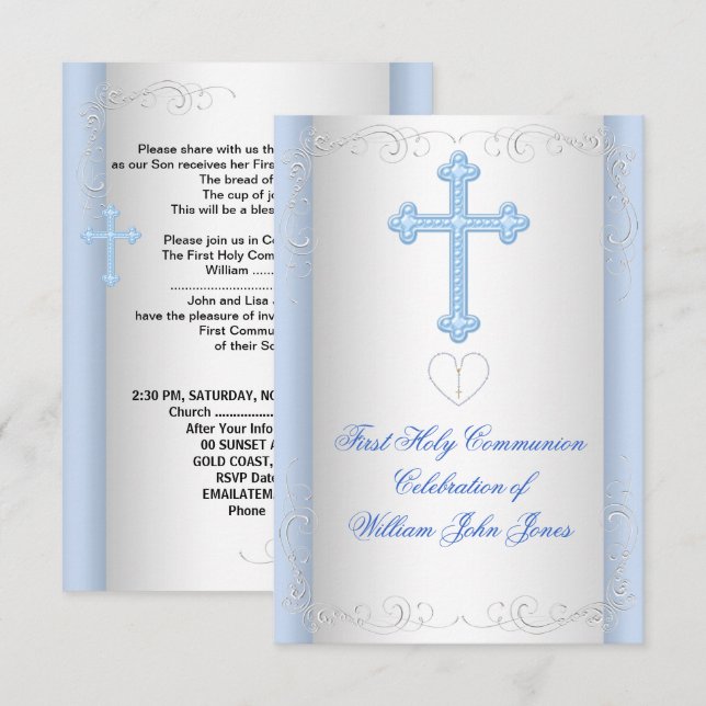 Boy First Holy Communion Silver Blue Invitation (Front/Back)
