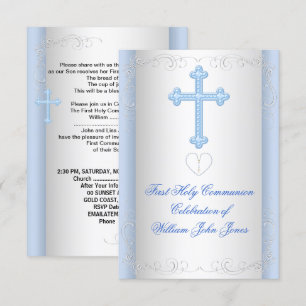 Boy First Holy Communion Silver Blue Invitation