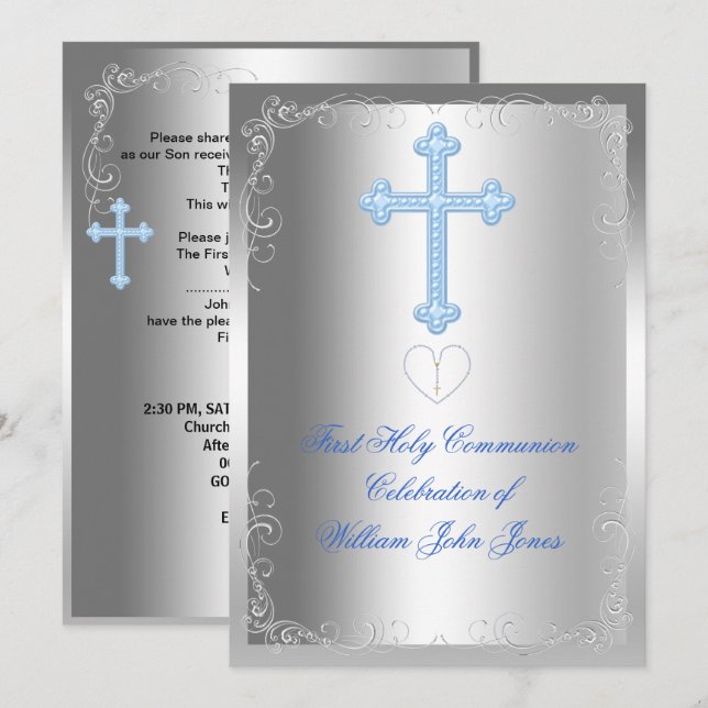 Boy First Holy Communion Silver Blue Invitation (Front/Back)