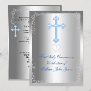 Boy First Holy Communion Silver Blue Invitation
