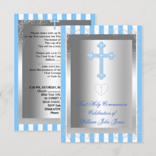 Boy First Holy Communion Silver Blue Stripe Invitation