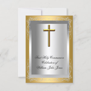 Boy First Holy Communion Silver Gold Cross Invitation