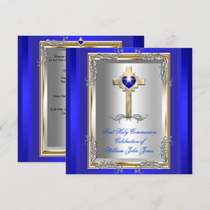 Boy First Holy Communion Silver Gold Royal Blue 2 Invitation