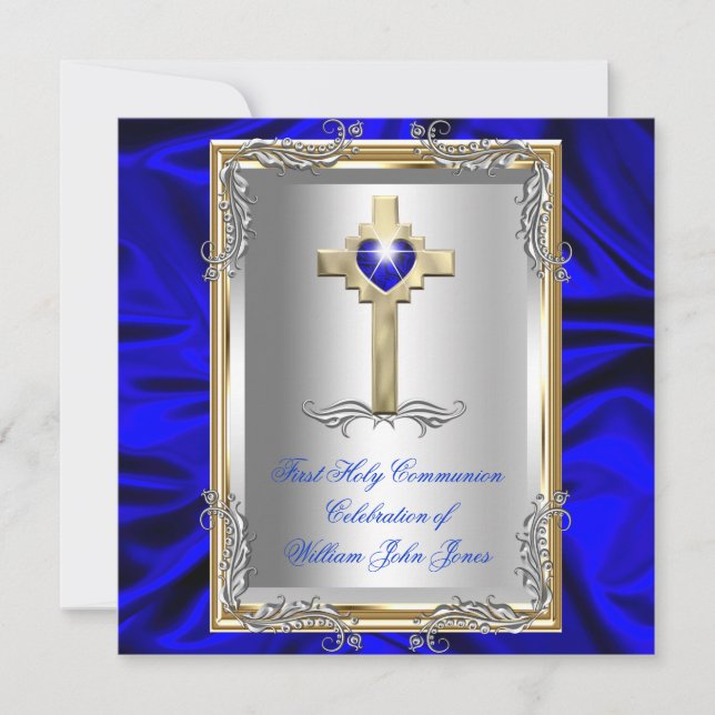 Boy First Holy Communion Silver Gold Royal Blue Invitation (Front)