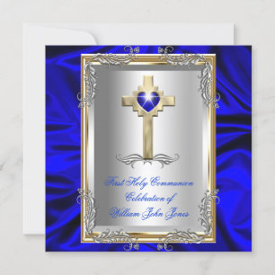 Boy First Holy Communion Silver Gold Royal Blue Invitation