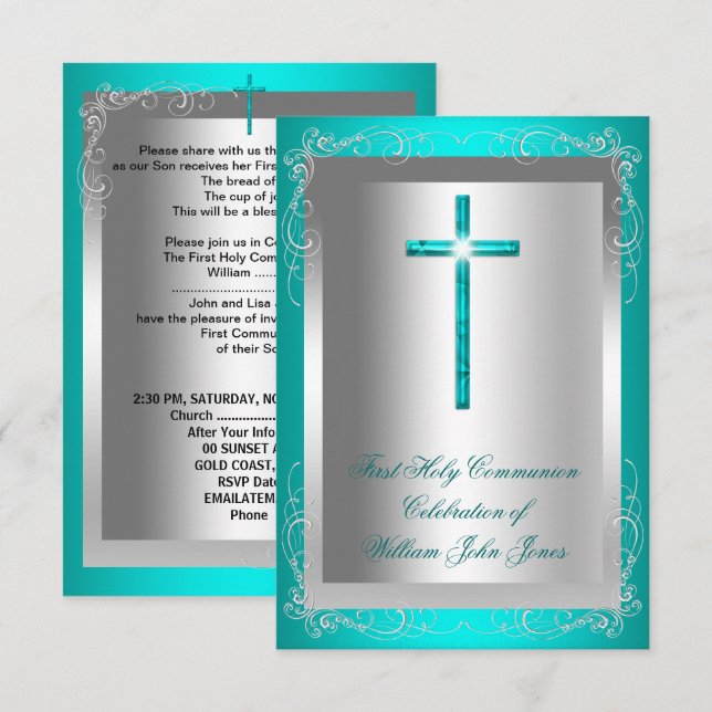 Boy First Holy Communion Silver Jade Teal Invitation (Front/Back)