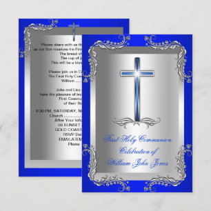 Boy First Holy Communion Silver Royal Blue 2 Invitation