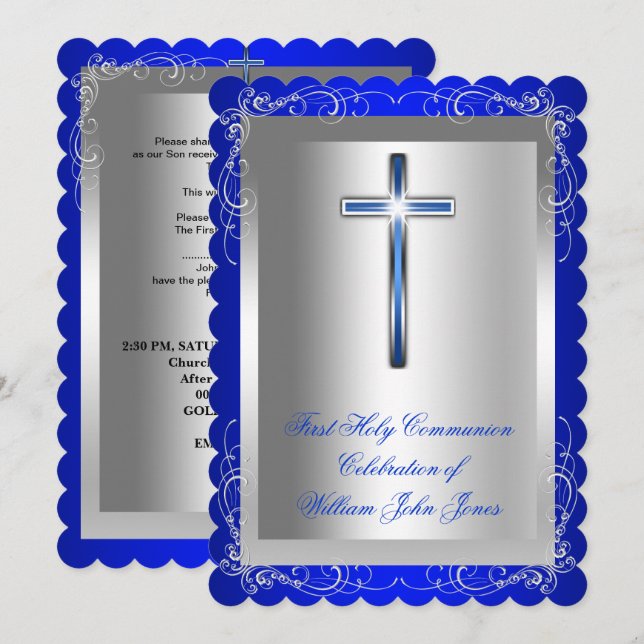 Boy First Holy Communion Silver Royal Blue 2s Invitation (Front/Back)
