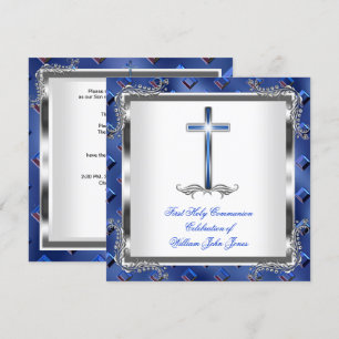 Boy First Holy Communion Silver Royal Blue 3 Invitation