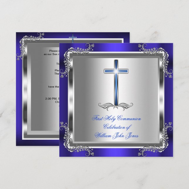 Boy First Holy Communion Silver Royal Blue 3b Invitation (Front/Back)