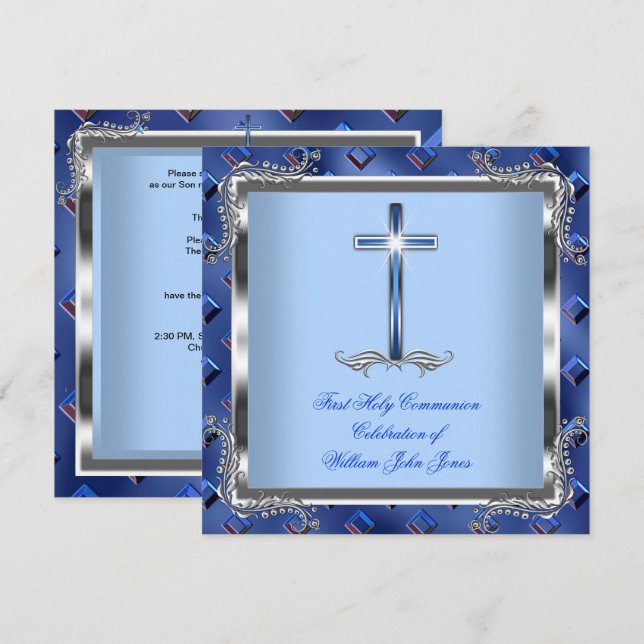 Boy First Holy Communion Silver Royal Blue 4 Invitation (Front/Back)