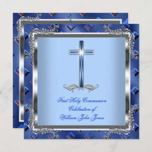 Boy First Holy Communion Silver Royal Blue 4 Invitation