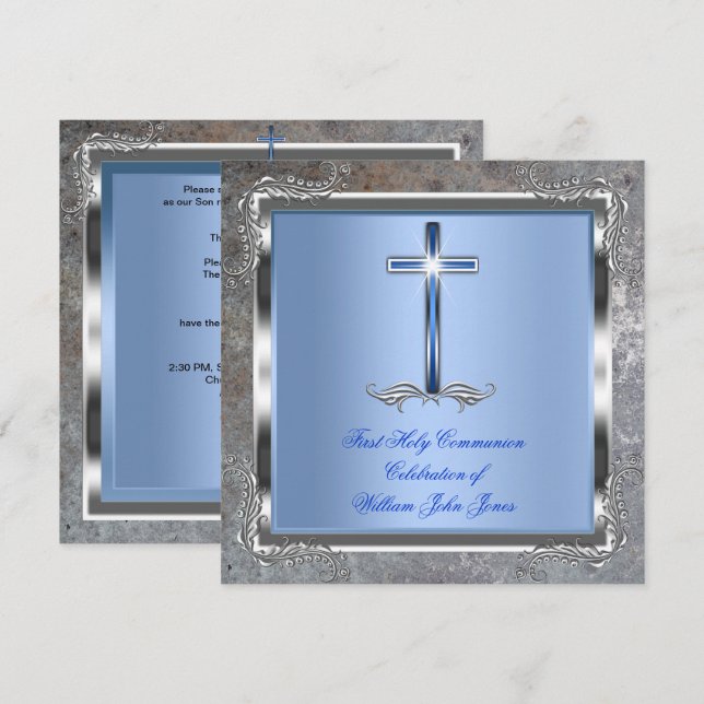 Boy First Holy Communion Silver Royal Blue 4M Invitation (Front/Back)