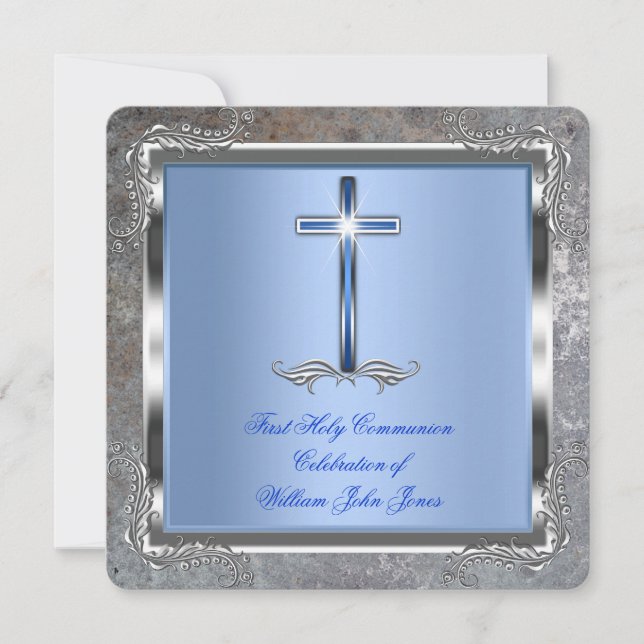 Boy First Holy Communion Silver Royal Blue 4M Invitation (Front)