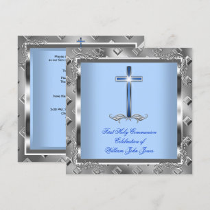 Boy First Holy Communion Silver Royal Blue 5 Invitation