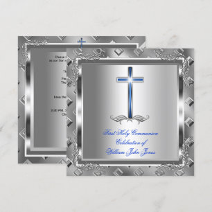 Boy First Holy Communion Silver Royal Blue 6 Invitation