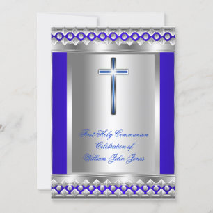 Boy First Holy Communion Silver Royal Blue Metal Invitation