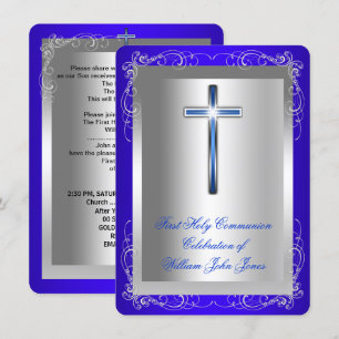 Boy First Holy Communion Silver Royal Blue Rounded Invitation