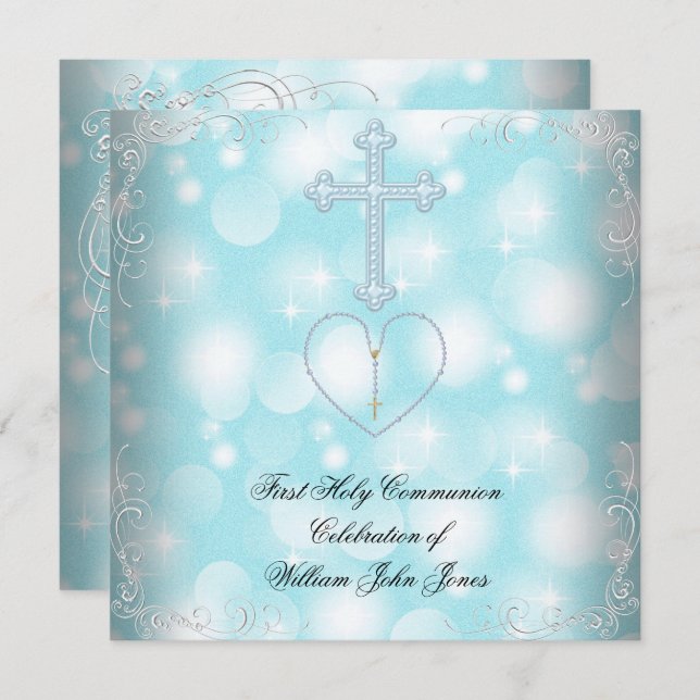 Boy First Holy Communion White Blue Invitation (Front/Back)