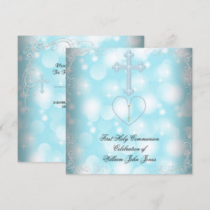 Boy First Holy Communion White Blue Invitation