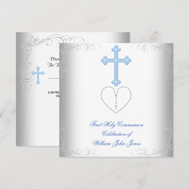 Boy First Holy Communion White Blue Invitation (Front/Back)
