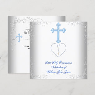 Boy First Holy Communion White Blue Invitation