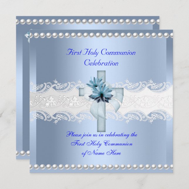 Boy First Holy Communion White Lace Blue Pearl 2 Invitation (Front/Back)