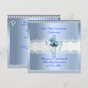 Boy First Holy Communion White Lace Blue Pearl 2 Invitation