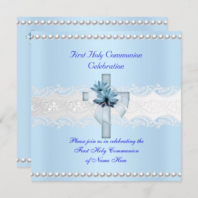 Boy First Holy Communion White Lace Blue Pearl Invitation (Front/Back)