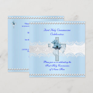 Boy First Holy Communion White Lace Blue Pearl Invitation