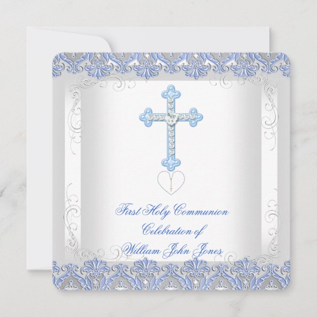 Boy First Holy Communion White Silver Blue Invitation (Front)