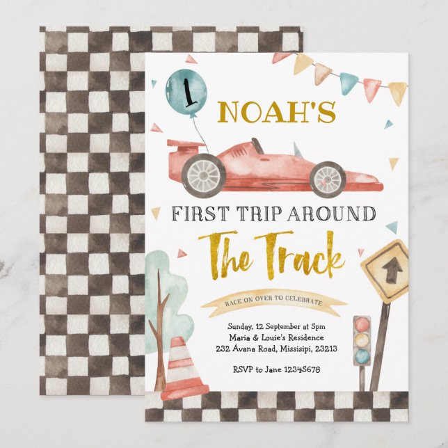 Boy First Racing Birthday Invitation (Front/Back)
