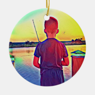Boy fishing ceramic ornament