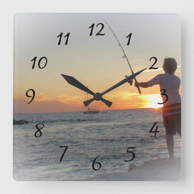 Boy Fishing off Ocean Pier Clock (Front)