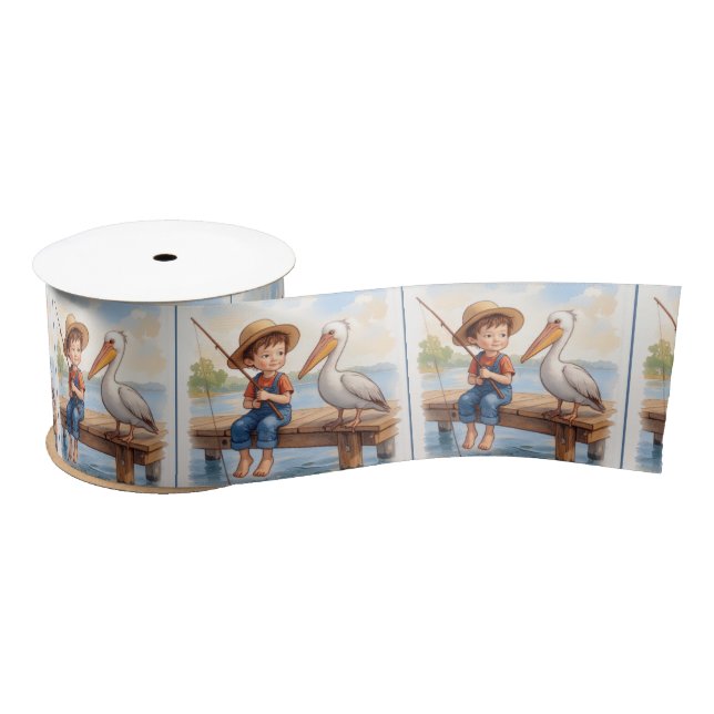 Boy Fishing On a Dock With a Pelican Satin Ribbon (Spool)